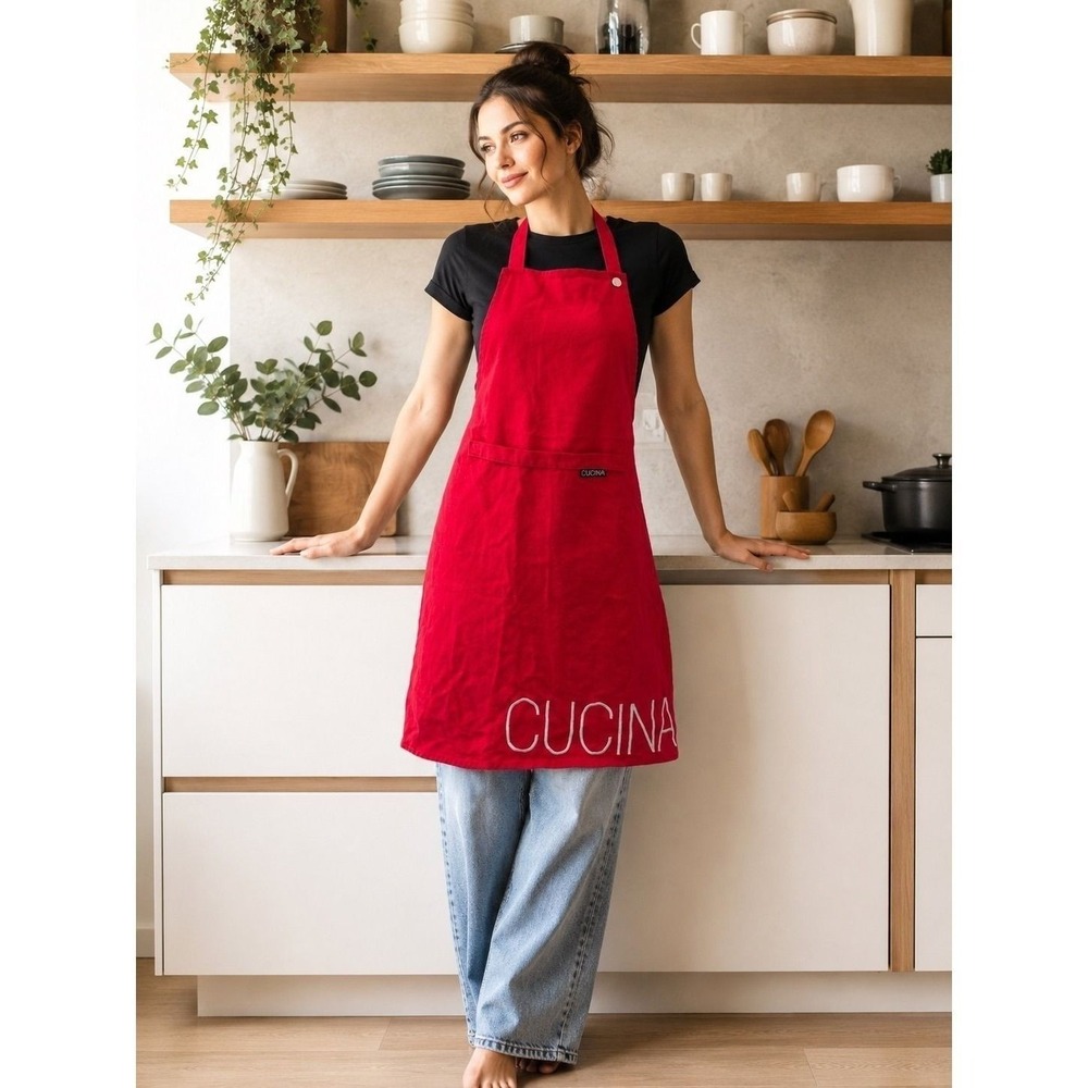 Cucina by Harman Red Cotton Kitchen Apron Adjustable Bib Chef Cooking Baking BBQ